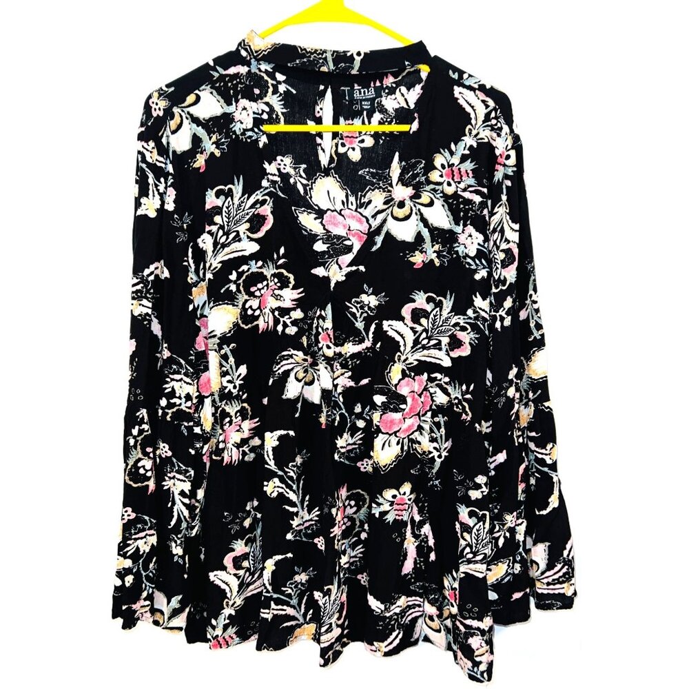ANA Floral Long Sleeve Blouse Womens Size XXLT Black & Pink